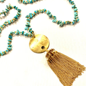 Turquoise Chip and Vintage Gold Tassel Necklace